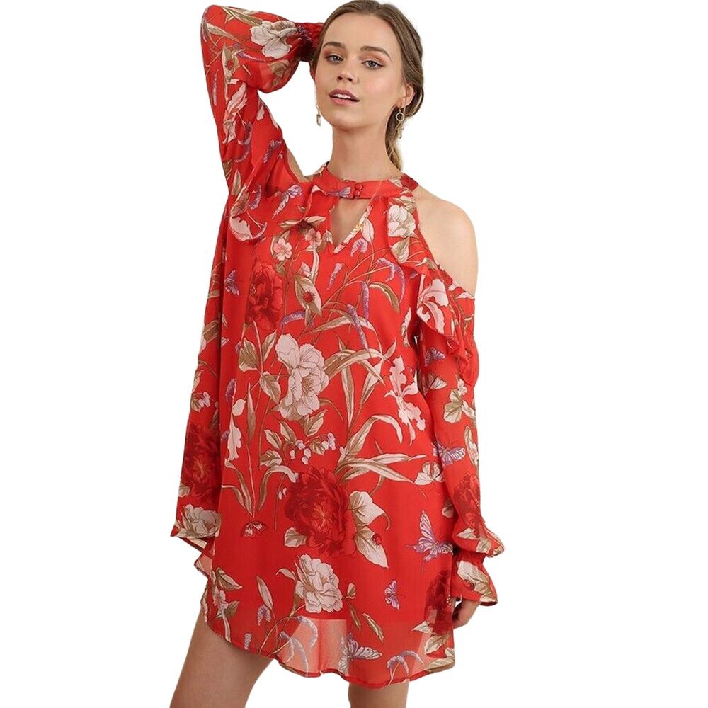 Umgee Womens Floral Print Keyhole Cold Shoulder Dress -- Chili Red, Small NEW
